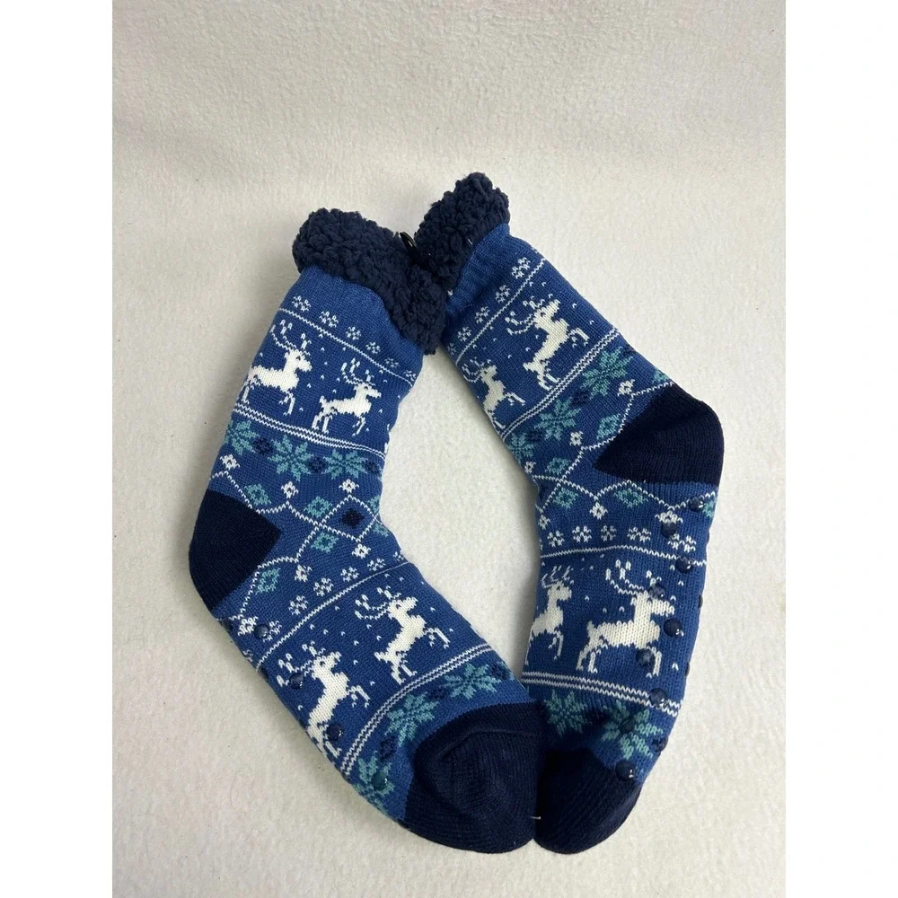 Cozy Holiday Winter Ella & Joy Womens 9-11 Blue Reindeer Sherpa Bootie Socks
